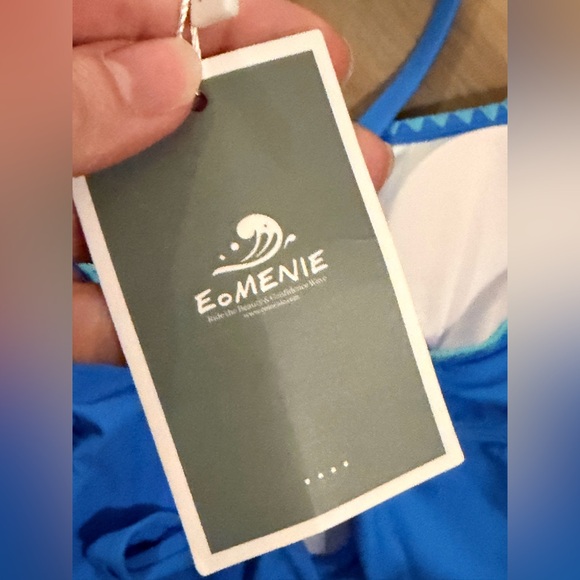 Medium Blue One-Piece Swimsuit With Light Blue Trim by Eomenie Sz Small NWT - Picture 8 of 10